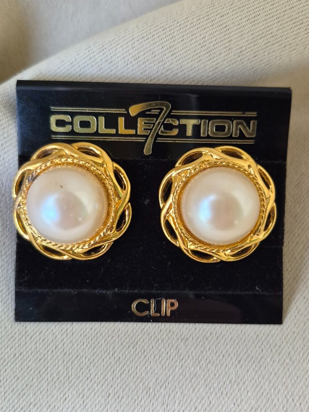Vintage Collection 7 Gold Tone Twisted Rope Faux Pearl Clip-On Earrings NOS